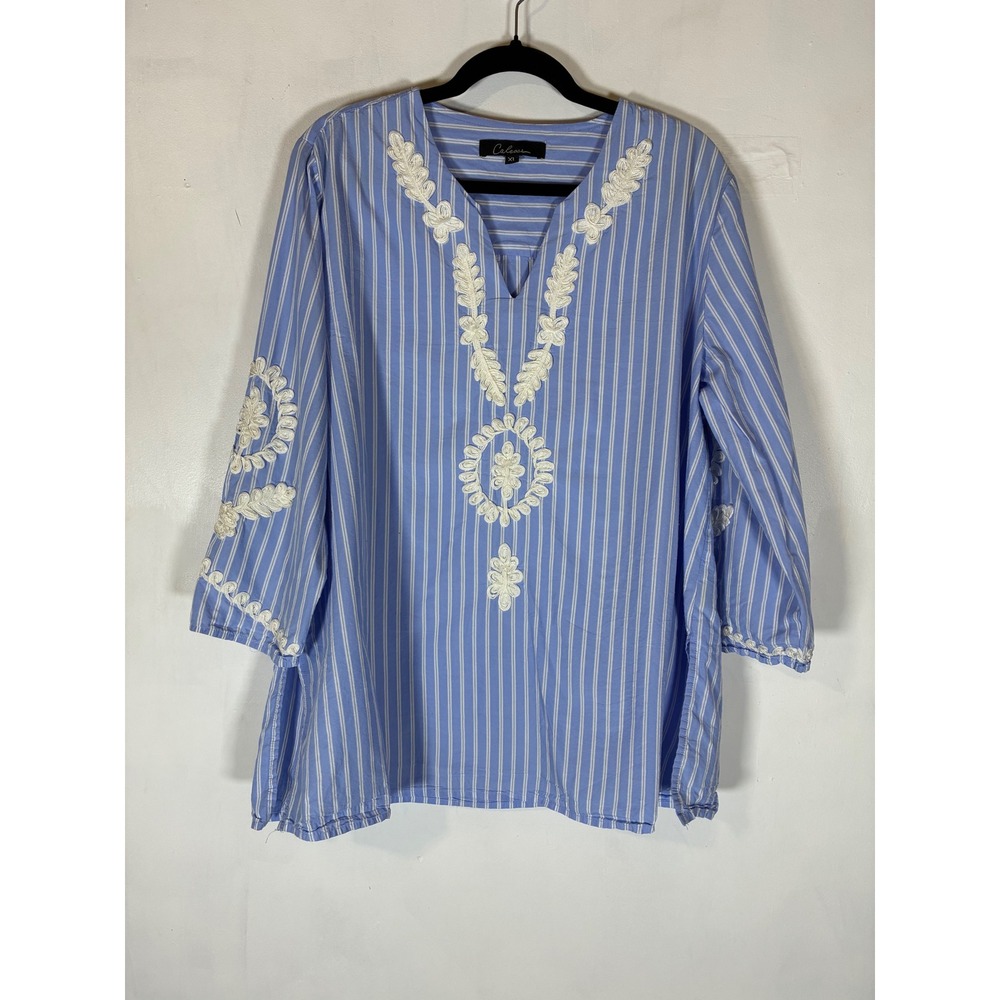 Calessa XL Blue White Striped Embroidered Cotton Blouse 3/4 Sleeve V Neck